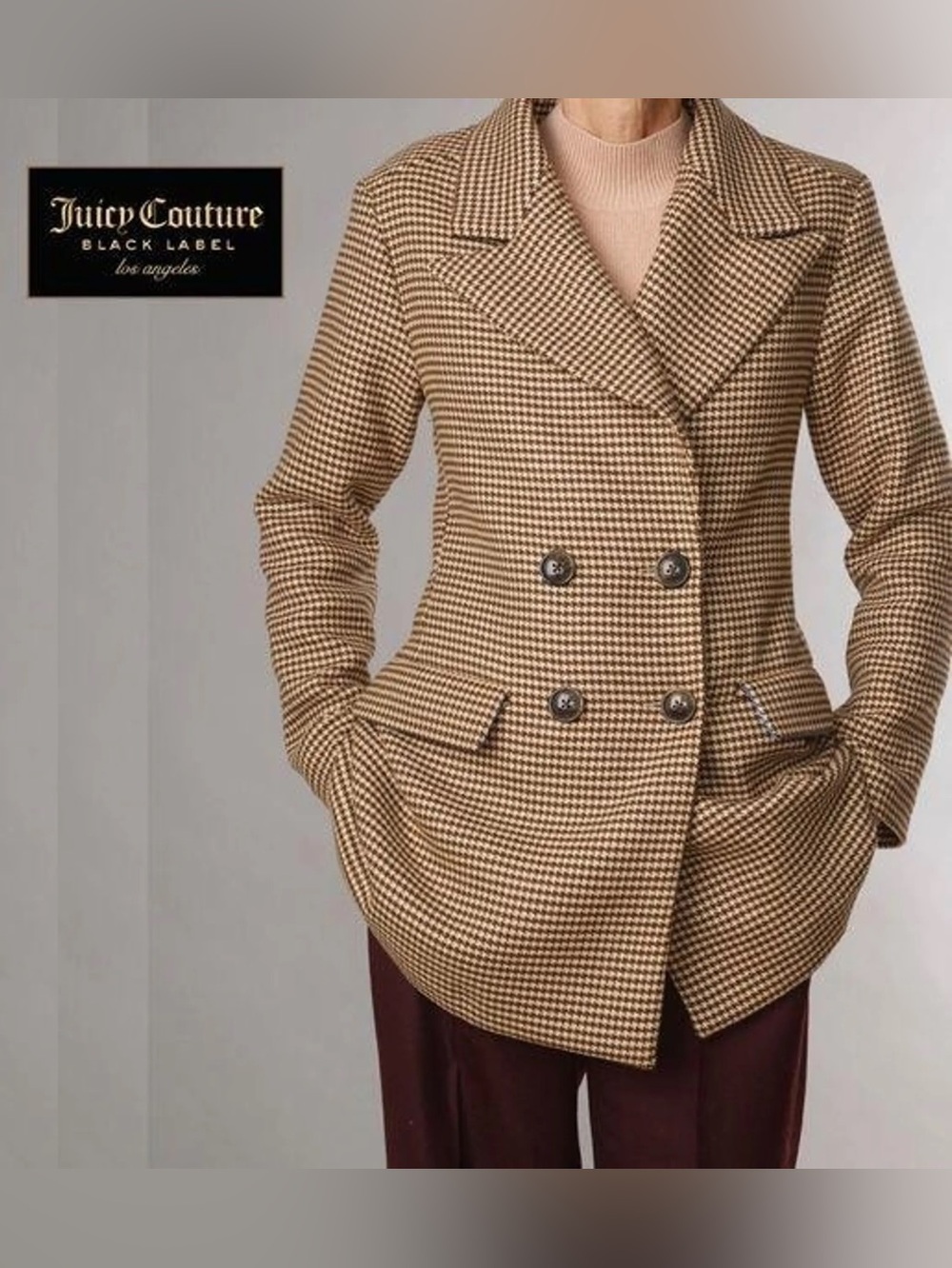 Juicy Couture Black Label Houndstooth Double-Breasted over Coat blazer SZ M NWT